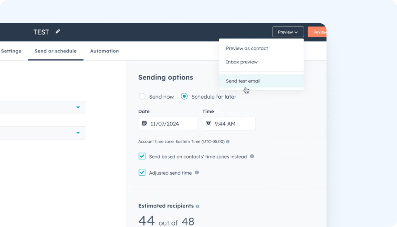 Screenshot of HubSpot’s scheduling tool, showing options for time zone and delayed sending