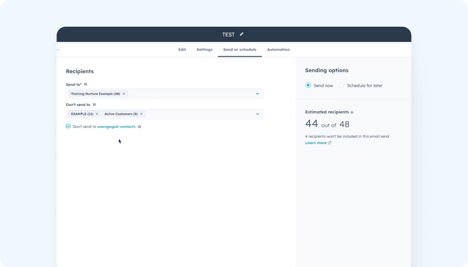 Visual showing HubSpot’s suppression list setup, with options for unsubscribed and bounced contacts 2