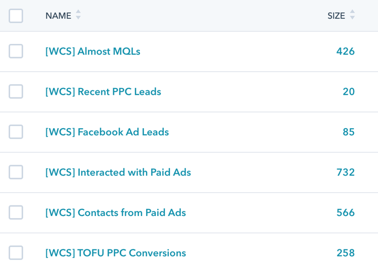 A screenshot of contact lists in Hubspot