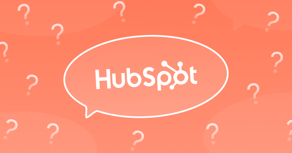 HubSpot logo in a speech bubble with question marks around it