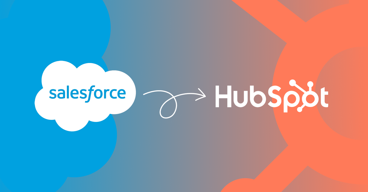 Salesforce logo with an arrow to HubSpot, showing a migration to HubSpot from Salesforce